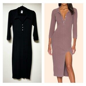 NSF Mia Polo Ribbed Black Henley Shirt Dress, Sz S